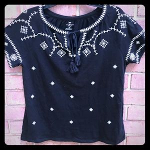 Black and White Embroidered Tie Top